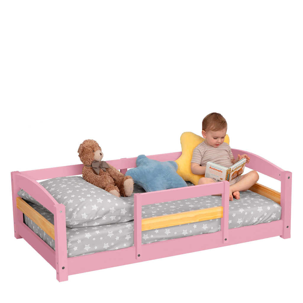 Crib Size Wooden Floor Bed Frame with Rails for Toddlers Age 1–3