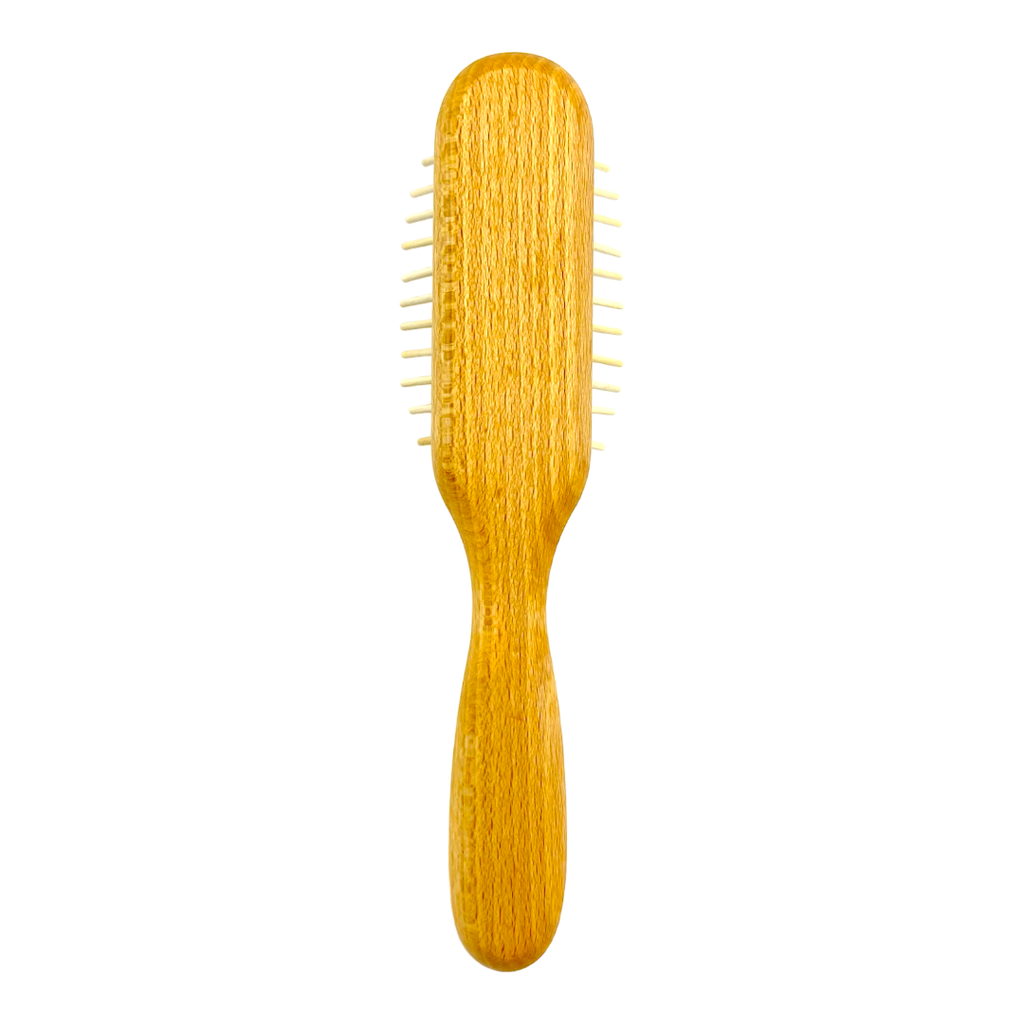 Haarbürste mit Gummikissen aus Buchenholz und langen Holzstiften