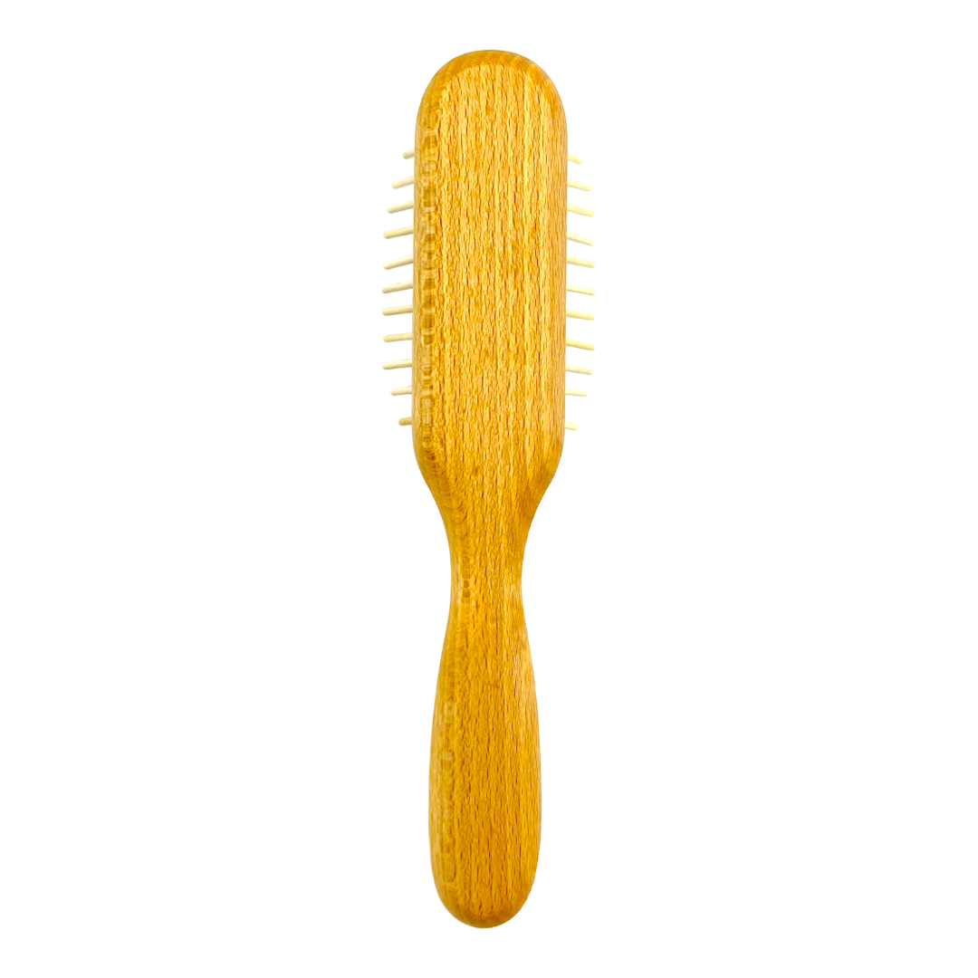 Haarbürste mit Gummikissen aus Buchenholz und langen Holzstiften