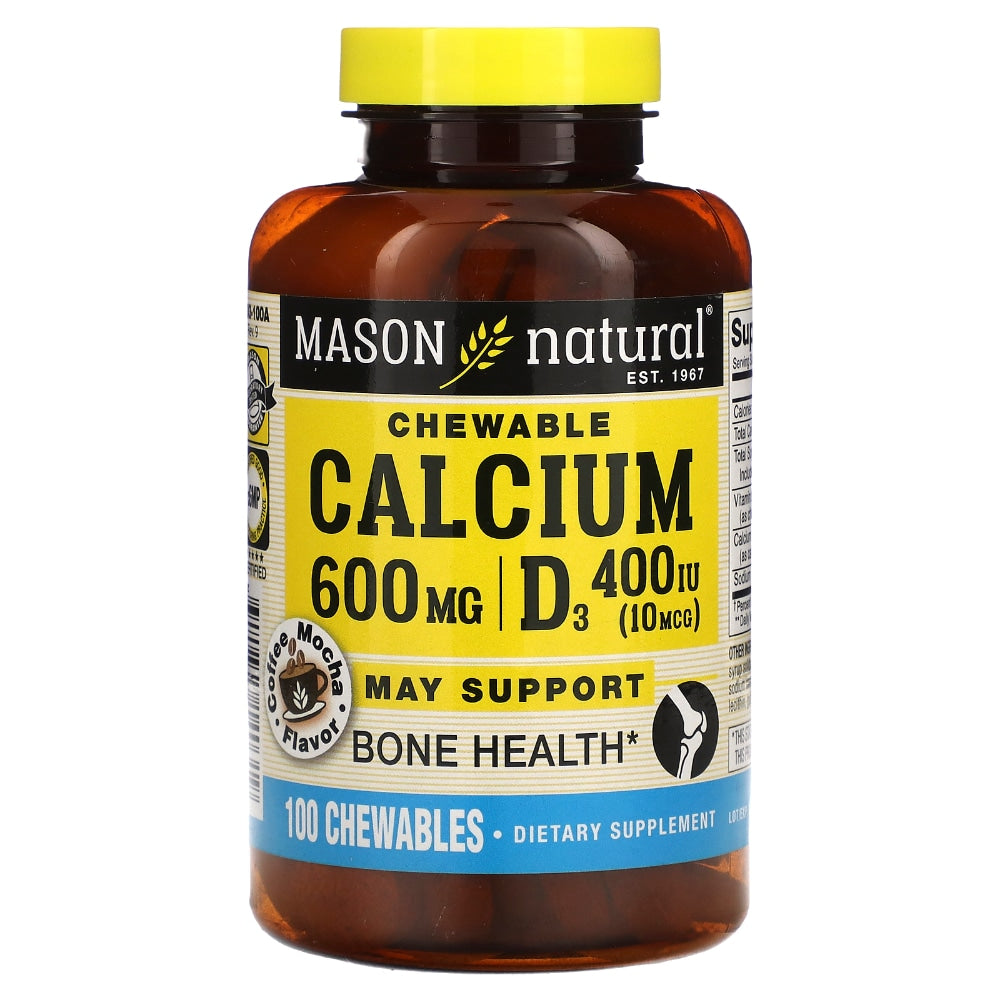 Mason Natural® Kalcium 600 mg + D3 – Shije Kafe Mocha (100 Tableta të Përtypura)