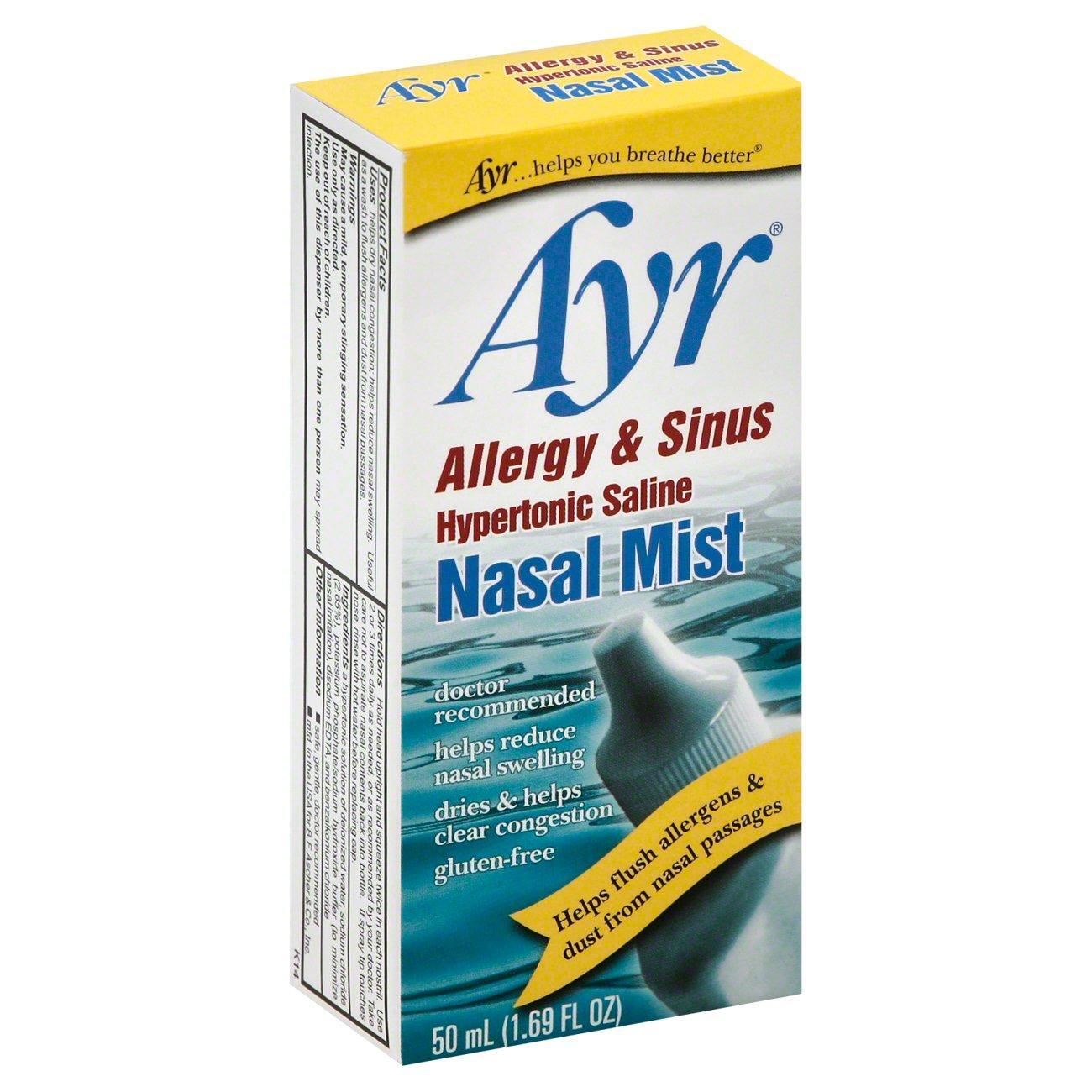 Ayr Saline Nasal Mist, Allergie- & Sinus-Linderung, Medikamentenfreies Nasenspray, 50 ml (1.7 fl oz)