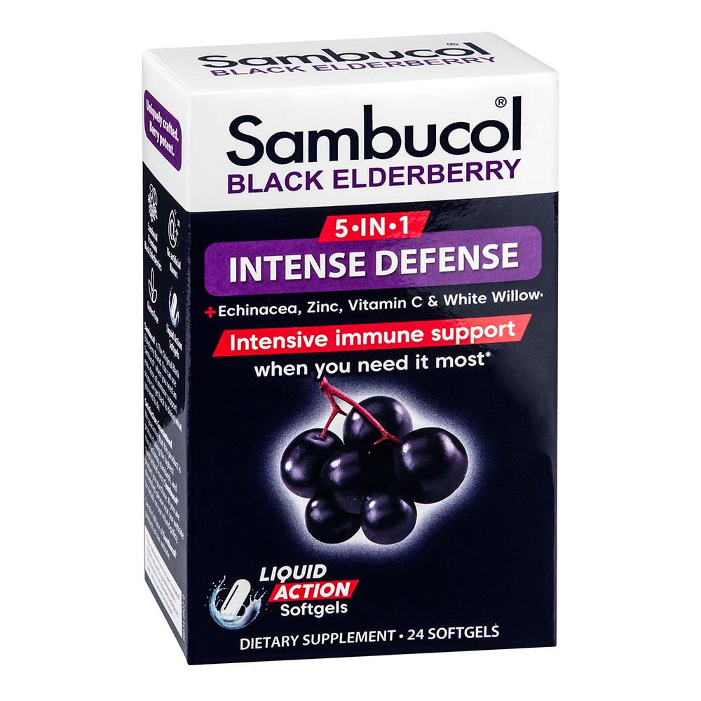 Sambucol 5-in-1 Intense Defense + Echinacea, Zink, Vitamin C & Weiße Weide, Schwarzer Holunder, 24 Weichkapseln