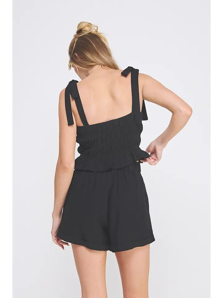 Soft Linen Smocked Tie Straps Tank: Black