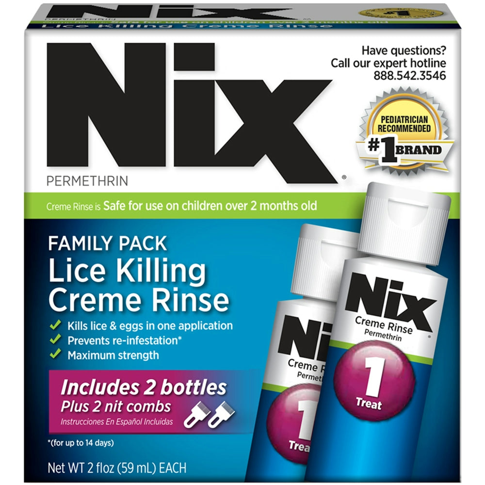 Nix Lice Killing Creme Rinse Familjare, 2 shishe (nga 59 ml secila) me Krehër për Thithat