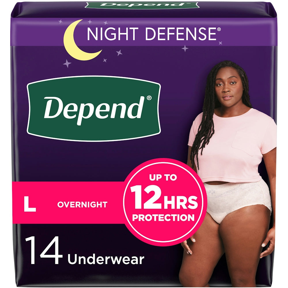 Depend Night Defense Mbrojtje Nata Mbathje Inkontinence Për Femra, Përdorim i Vetëm, Gjatë Natës, Madhësia L, Blush