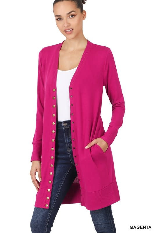 Full Sleeve Long Snap Cardigan - Magenta