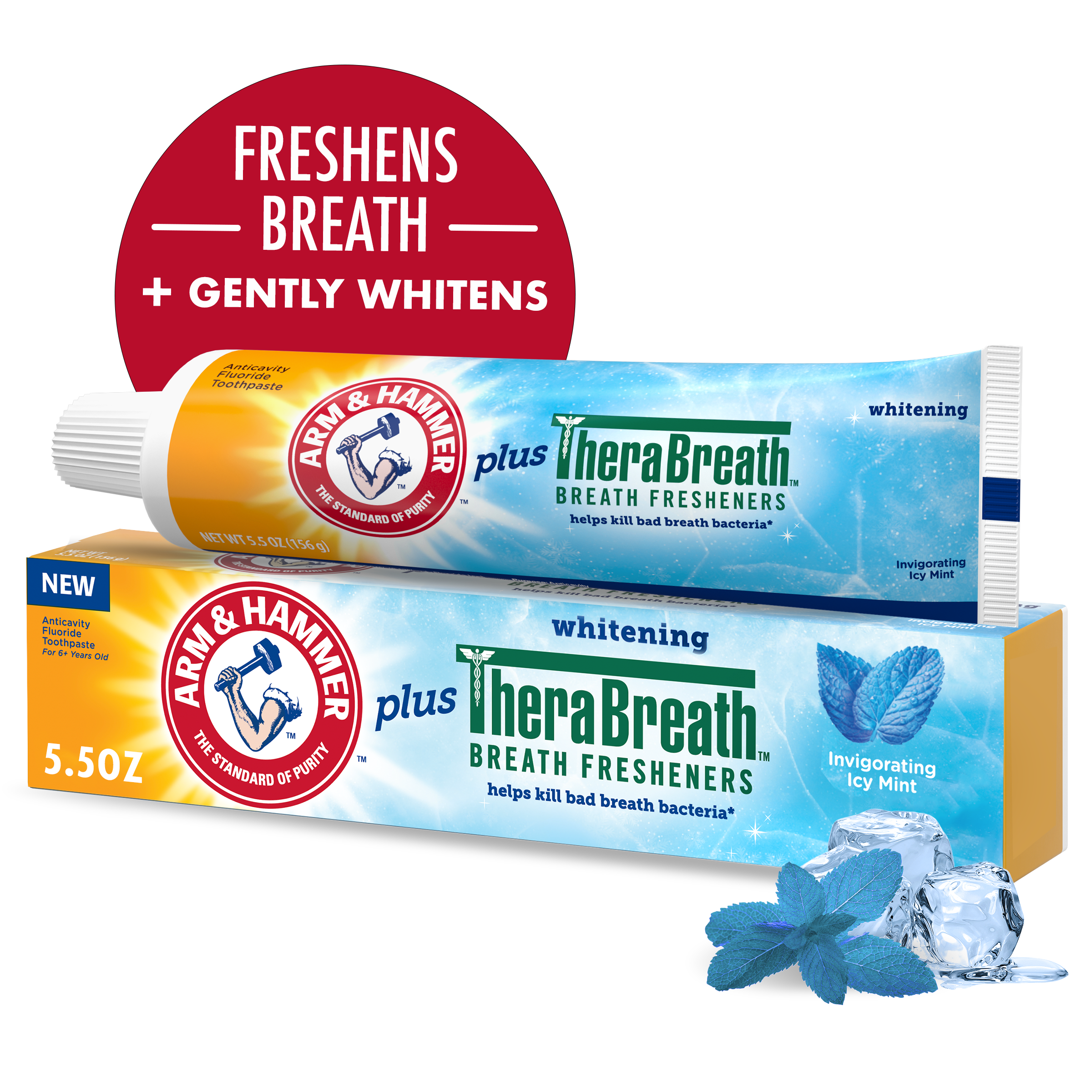 Arm & Hammer Plus TheraBreath Zahnpasta, Fluorid, Kariesschutz, Aufhellung, Atemerfrischer, belebende eisige Minze, 156 Gramm