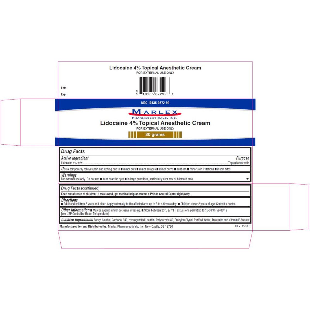 Marlex Pharmaceuticals Lidocaine 4% Krem Topik Anestetik Krem Lehtësues Dhimbjesh dhe Kruajtjesh 30g