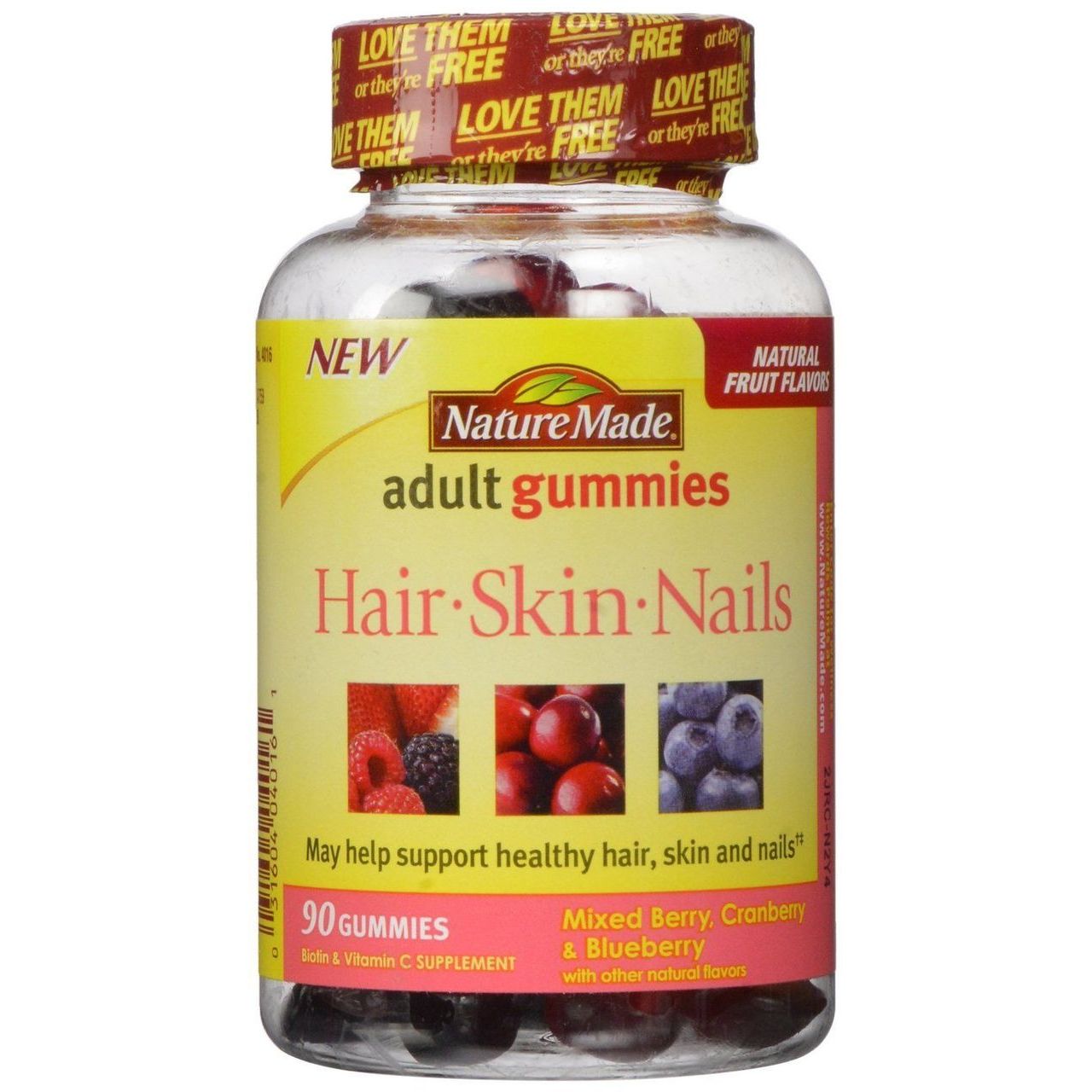 Nature Made® Gummies për Flokë, Lëkurë dhe Thonj për të Rritur – Manaferrë, Boronicë e Kuqe dhe Boronicë e Kaltër (90 copë)