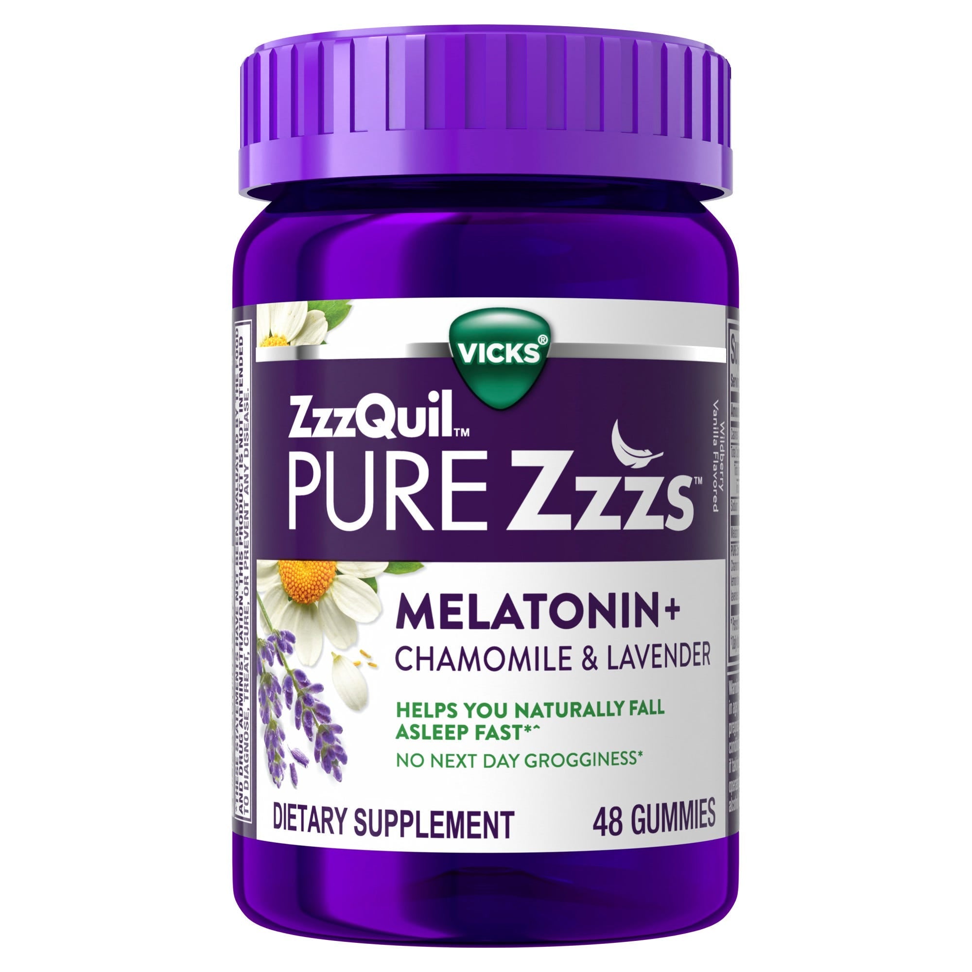 Vicks Zzzquil Pure Zzzs Melatonin Gummies, Ndihmë për Gjumë, Me Kamomil dhe Livando, Ndihmë për të Rritur, Me Shije Fruta të Egër dhe Vanilje, 48