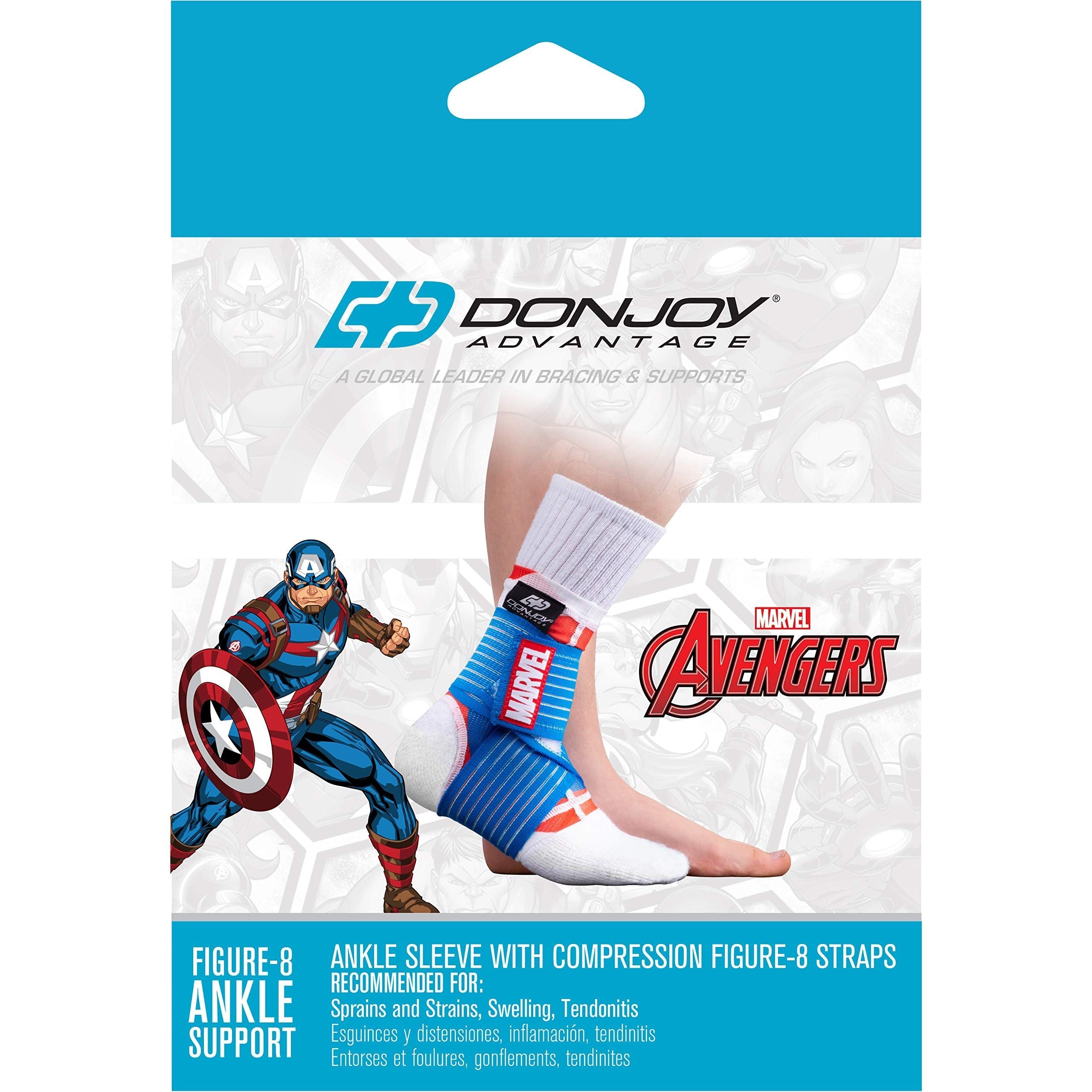 Mbështetëse kyçi këmbësh DonJoy Advantage Kids me figurë-8, me shtrëngim Marvel për dëmtimet e kyçit të këmbës, stabilitet për fëmijë, të rinj, sporte, vrapim, basketboll, futboll, tenis - Captain America X-Small