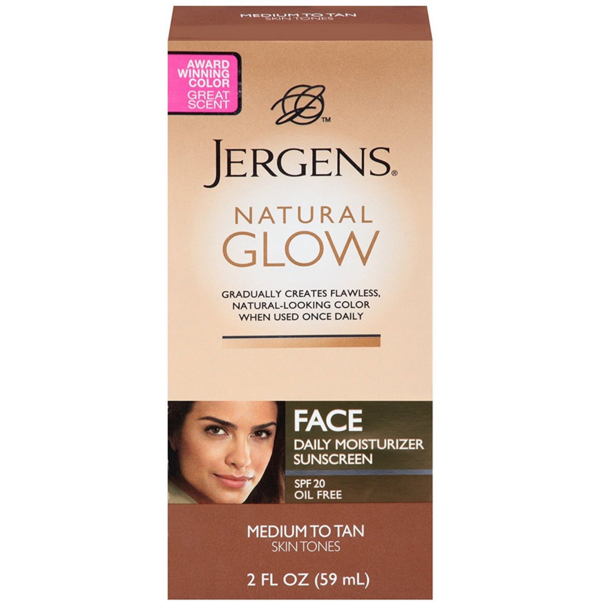 Jergens 2 Copë - Hidratues Ditor Natyral me Shkëlqim për Fytyrën SPF 20, Nuanca të Mesme në të Errëta të Lëkurës 2 Oz