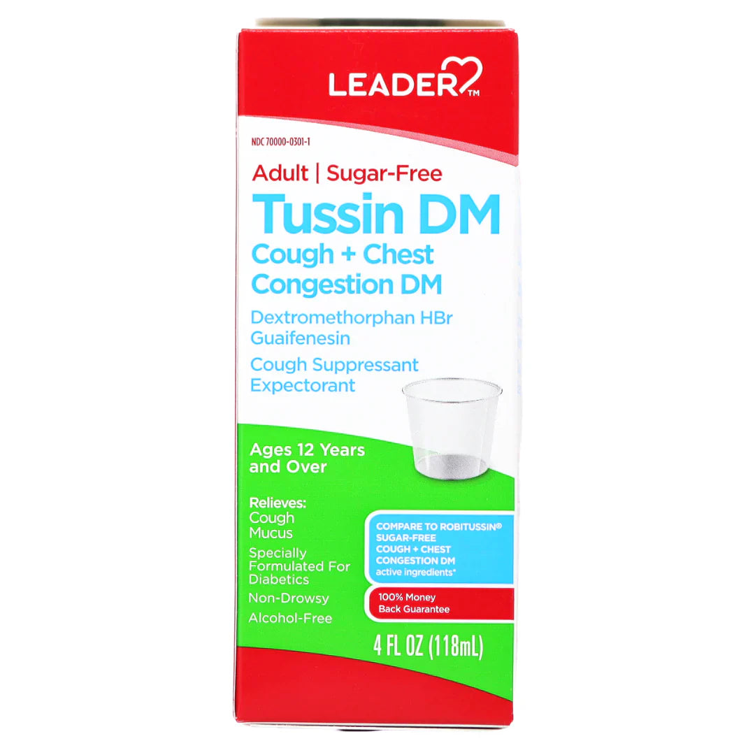 Leader Tussin DM Kollë dhe Lehtësim i Bllokimit të Kraharorit, Shurup pa Sheqer dhe pa Ngjyrues, 4 oz