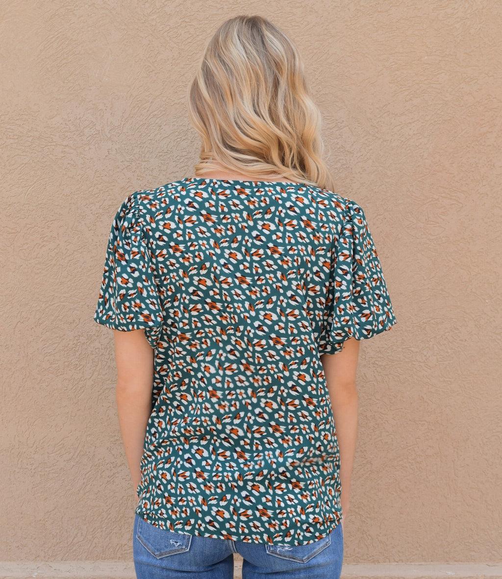 V Neck Print Short Sleeve Top - Kelly Green