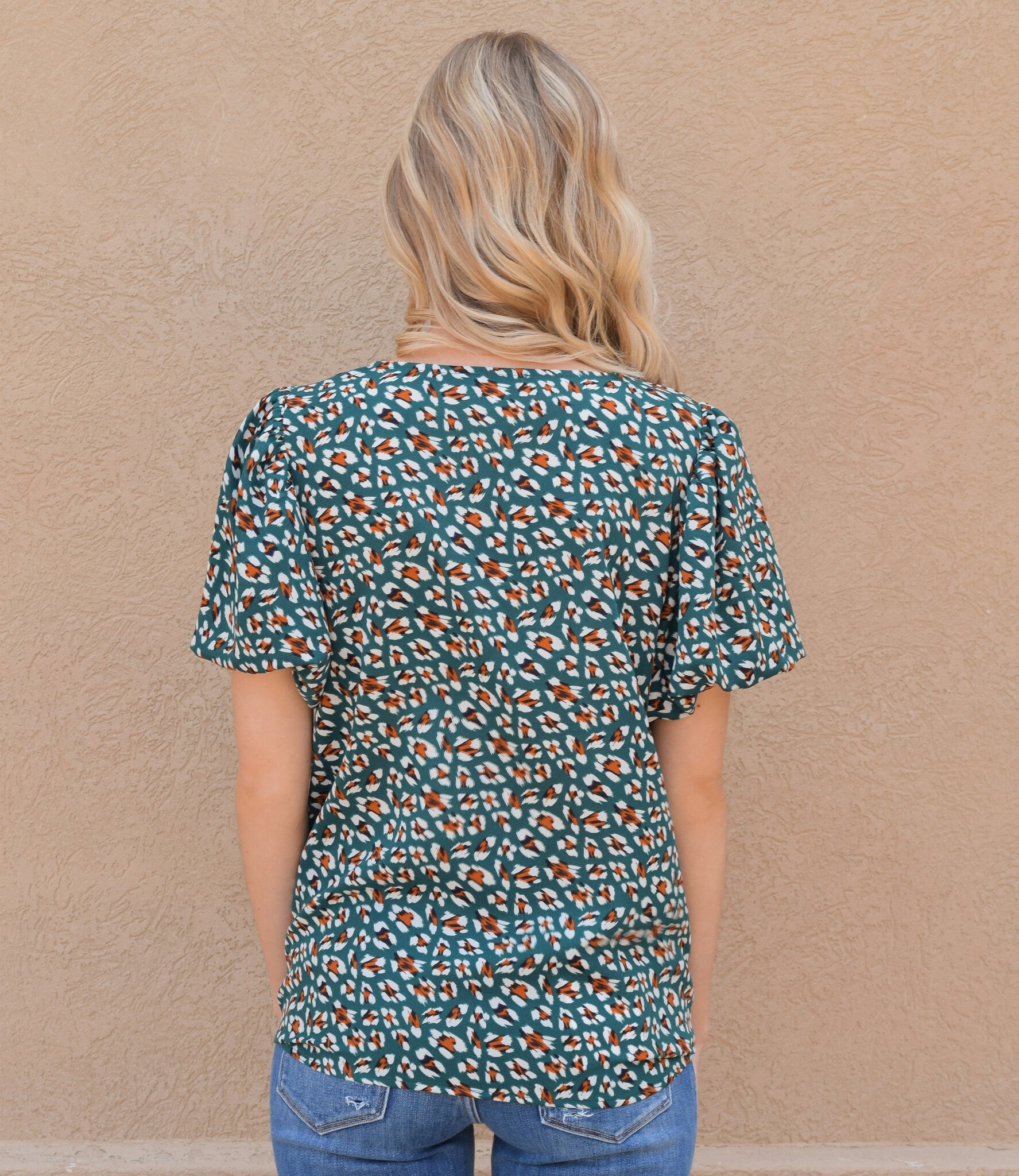 V Neck Print Short Sleeve Top - Kelly Green