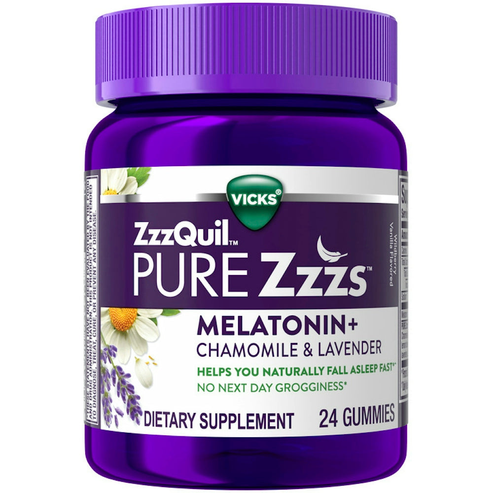 ZzzQuil Pure Zzzs Melatonin+Kamomil & Livando Karamele të buta Me Shije Frutash Pylli Vanilje 24 copë