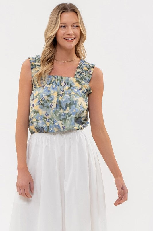 Daisy Water Color Tank Top - Sage Multi