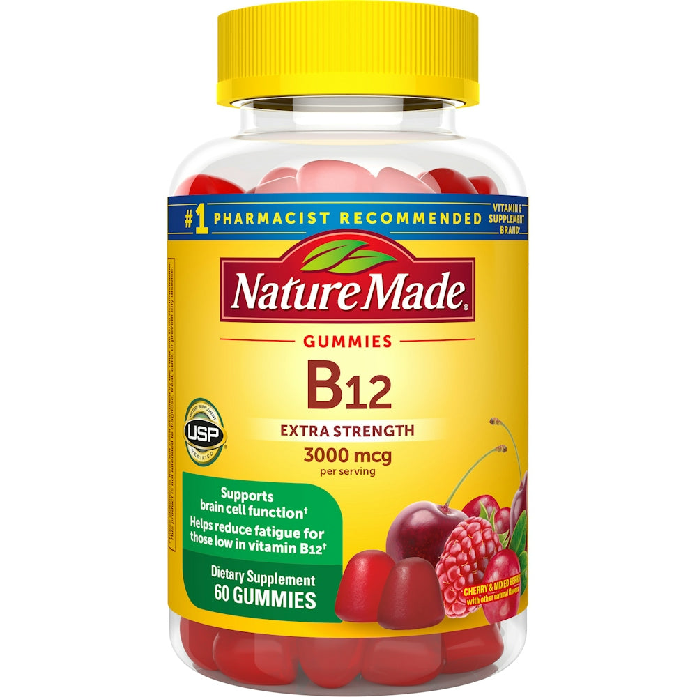 Nature Made Vitaminë B12, Qershi & Manaferrë e Përzier, Ekstra Forcë, 3000 Mcg, Xhelatina