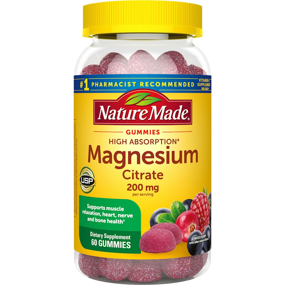 Nature Made Magnesiumcitrat mit hoher Absorption, 200 mg, Nahrungsergänzungsmittel zur Unterstützung der Muskelentspannung, 60 Gummibärchen, Vorrat für 30 Tage