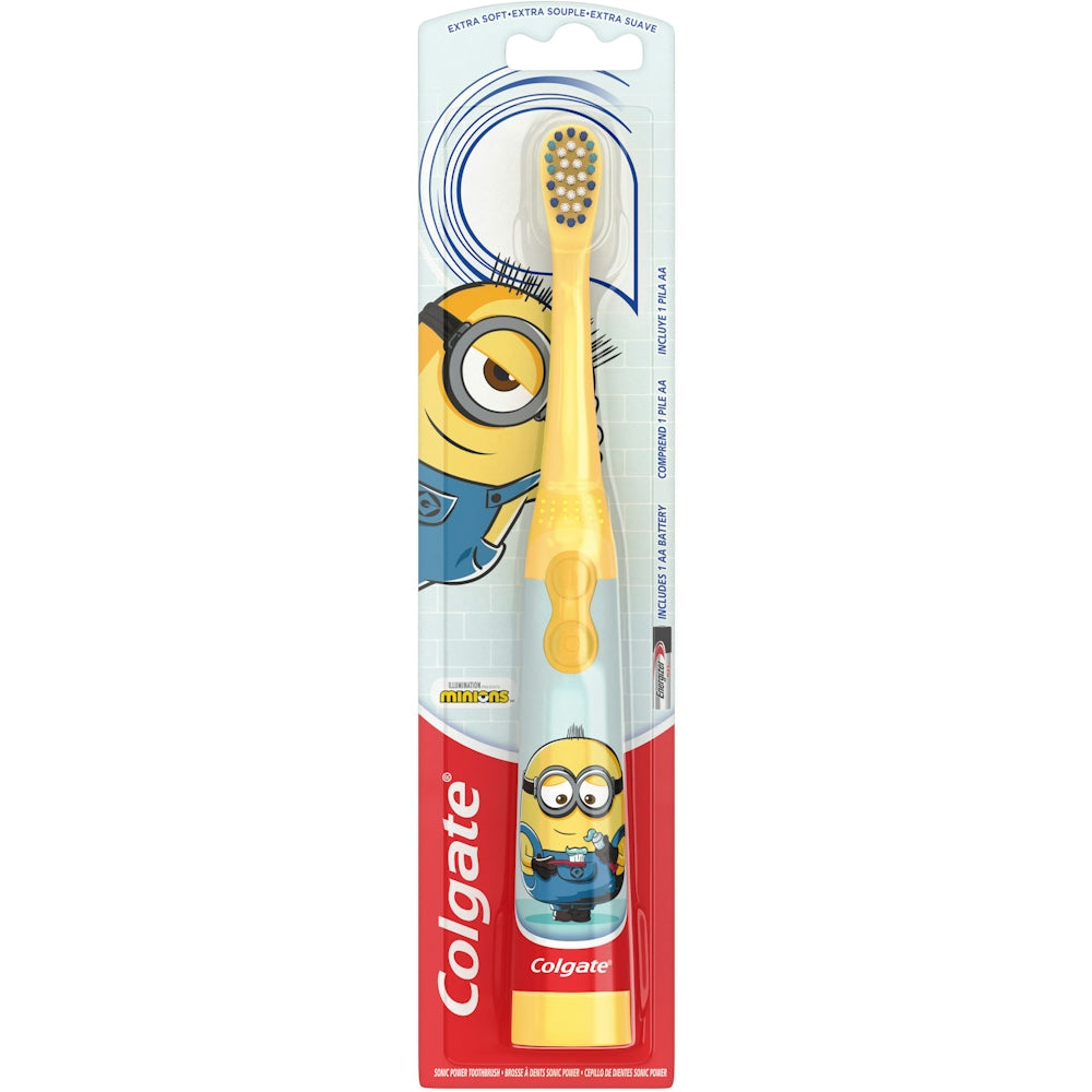 Colgate Kinder-Elektrozahnbürste, Minions-Motiv, extraweiche Borsten, 1 Stück – Batteriebetriebene Schallzahnbürste für Kinder