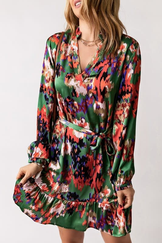Abstract Ruffled Drawstring High Waist Mini Dress