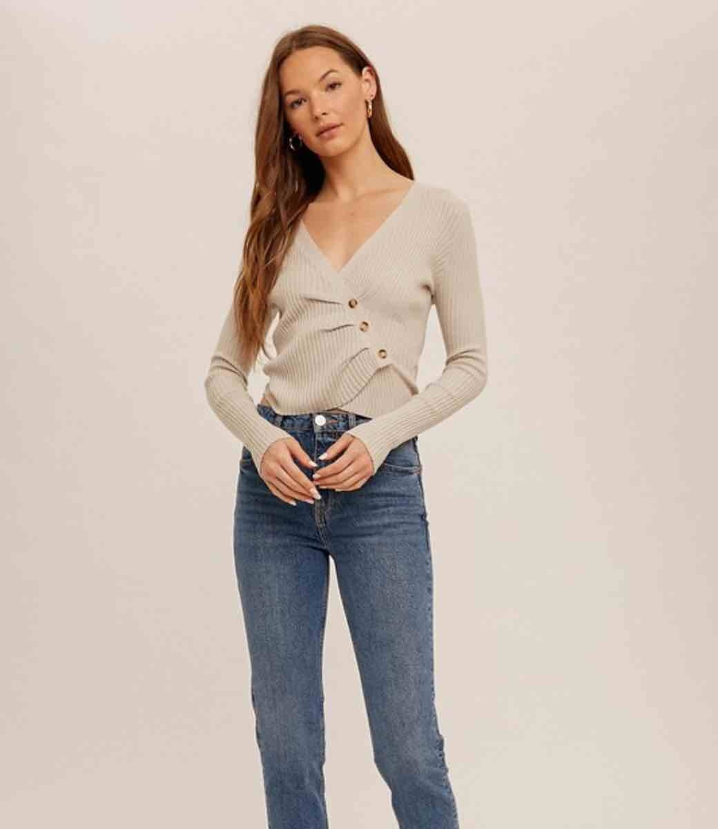Asymmetrical Pleat Ribbed V - Neck - Dove