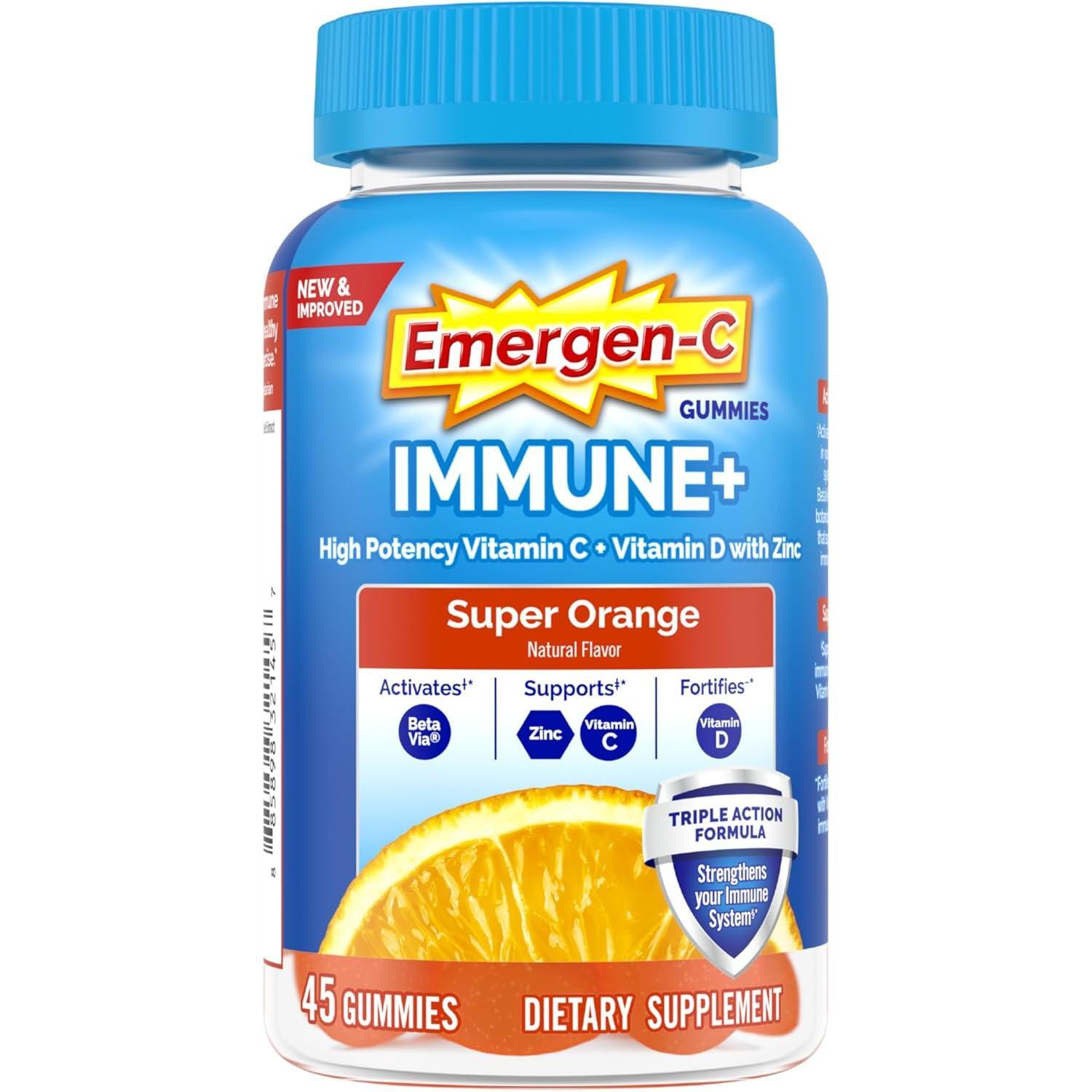 Emergen-C Immune+ Gummis (45 Stück, Super Orangen Geschmack) Unterstützung des Immunsystems mit 500mg Vitamin Nahrungsergänzungsmittel, Koffeinfrei, Glutenfrei