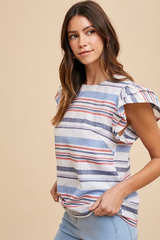 Red White & Blue Stripe Ruffle Sleeve Top