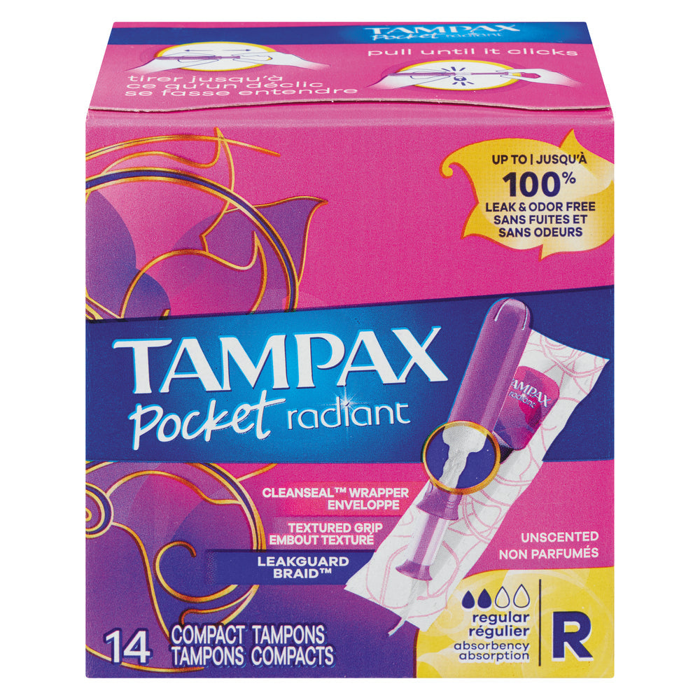 Tampax Pocket Radiant Compact Tampons Normale Saugfähigkeit mit BPA-freiem Kunststoffapplikator und LeakGuard Geflecht, unparfümiert
