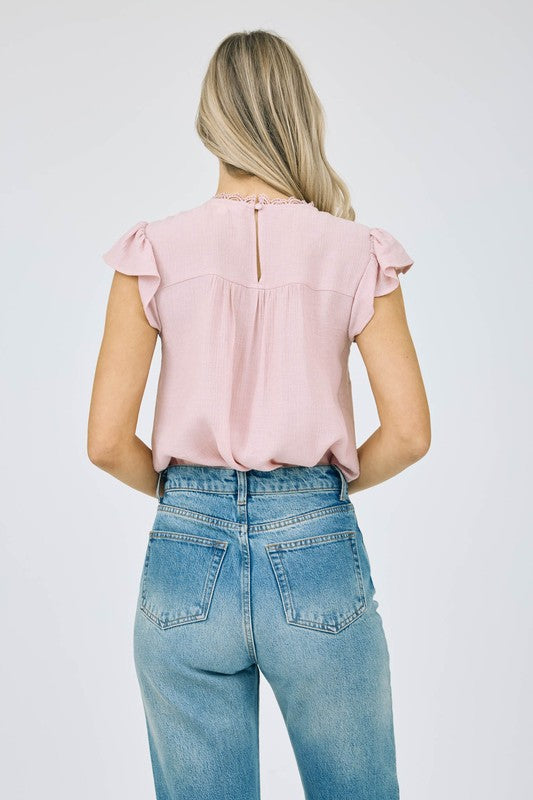 Lace Panel Short Ruffle Sleeve Blouse