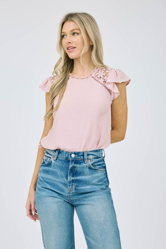 Lace Panel Short Ruffle Sleeve Blouse