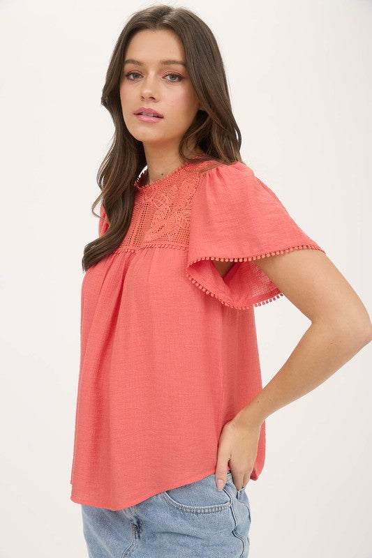 Sheer Lace Yoke Short Sleeve Pom Pom Blouse