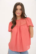 Sheer Lace Yoke Short Sleeve Pom Pom Blouse