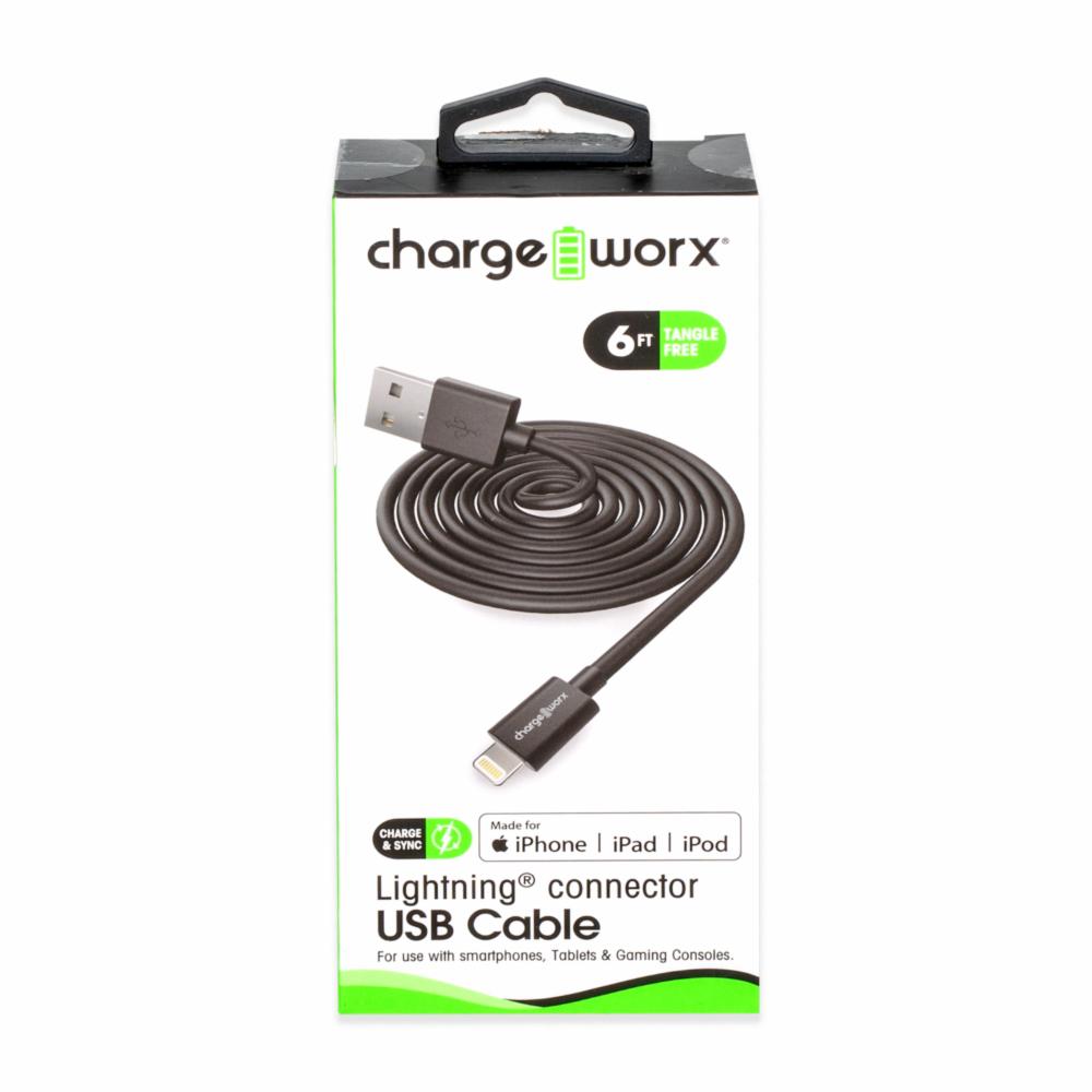 Chargeworx 1,8 m Lightning-auf-USB-Kabel – Schwarz, 1 St.