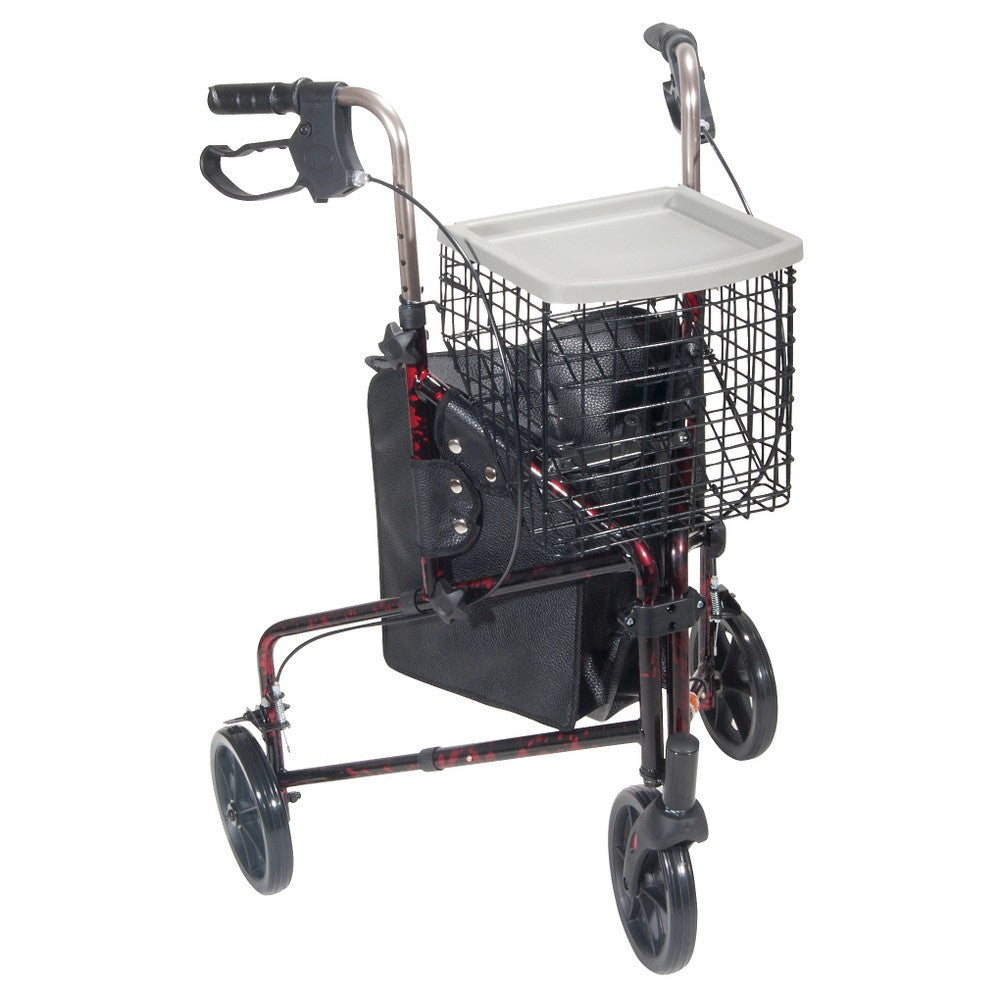 Drive Medical 3-Rad-Rollator mit Korb, Tablett und Tasche, flammrot