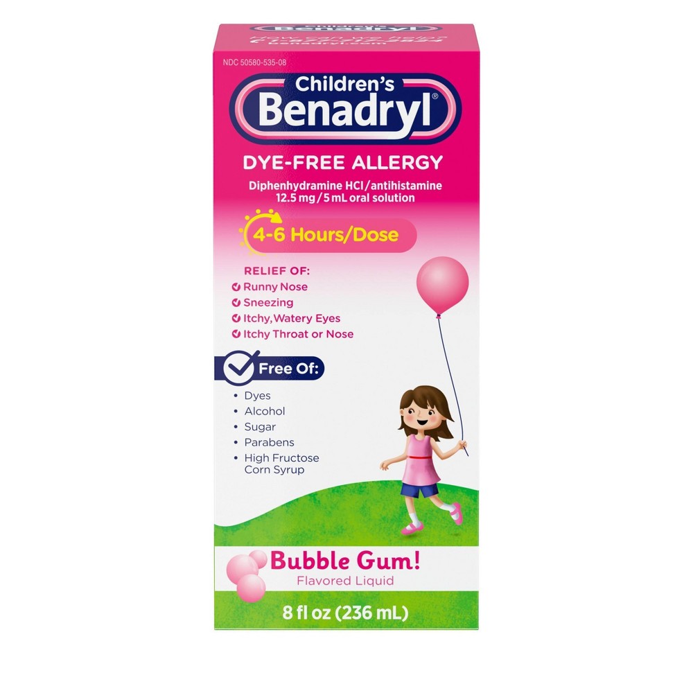 Benadryl Children's Liquid Farbstofffrei, Kaugummi-Geschmack, Allergiemedizin, 236 ml