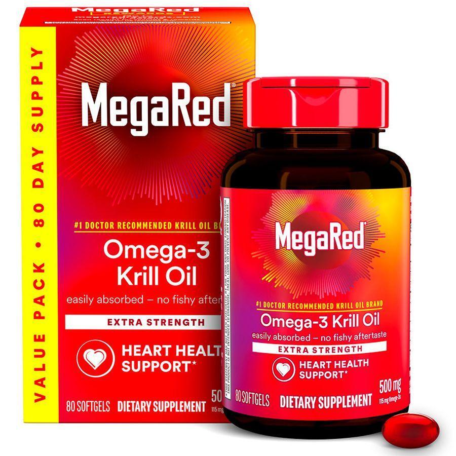 MegaRed Extra Strength Omega-3 Krillöl 500mg - Unterstützung für die Herzgesundheit, 80 Weichkapseln