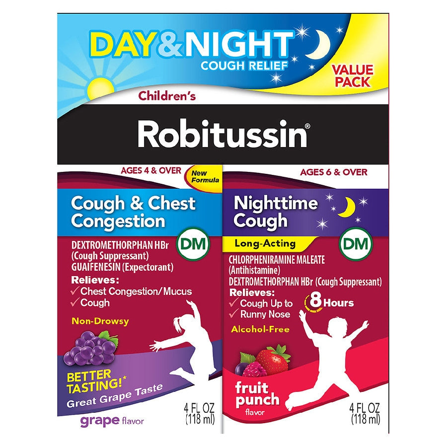 Robitussin për Fëmijë, Lehtësim Kollash Ditën dhe Natën, Lëng, Paketim Ekonomik 4+4 Oz