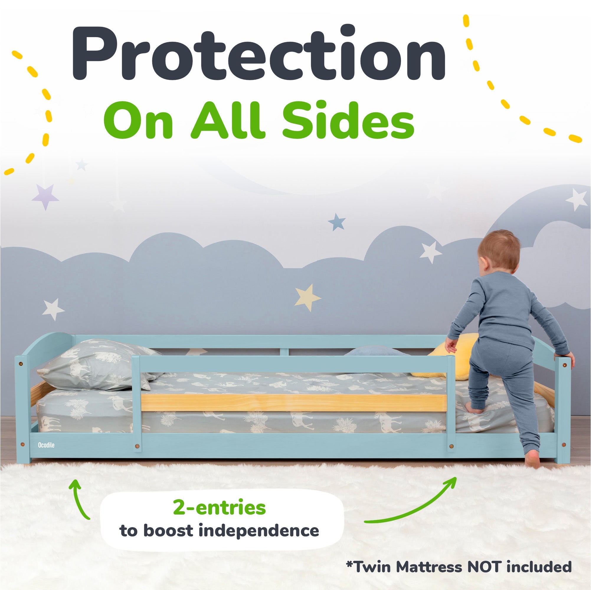 Twin Floor Bed with Safety Guardrails for Kids(Montessori Inspired)
