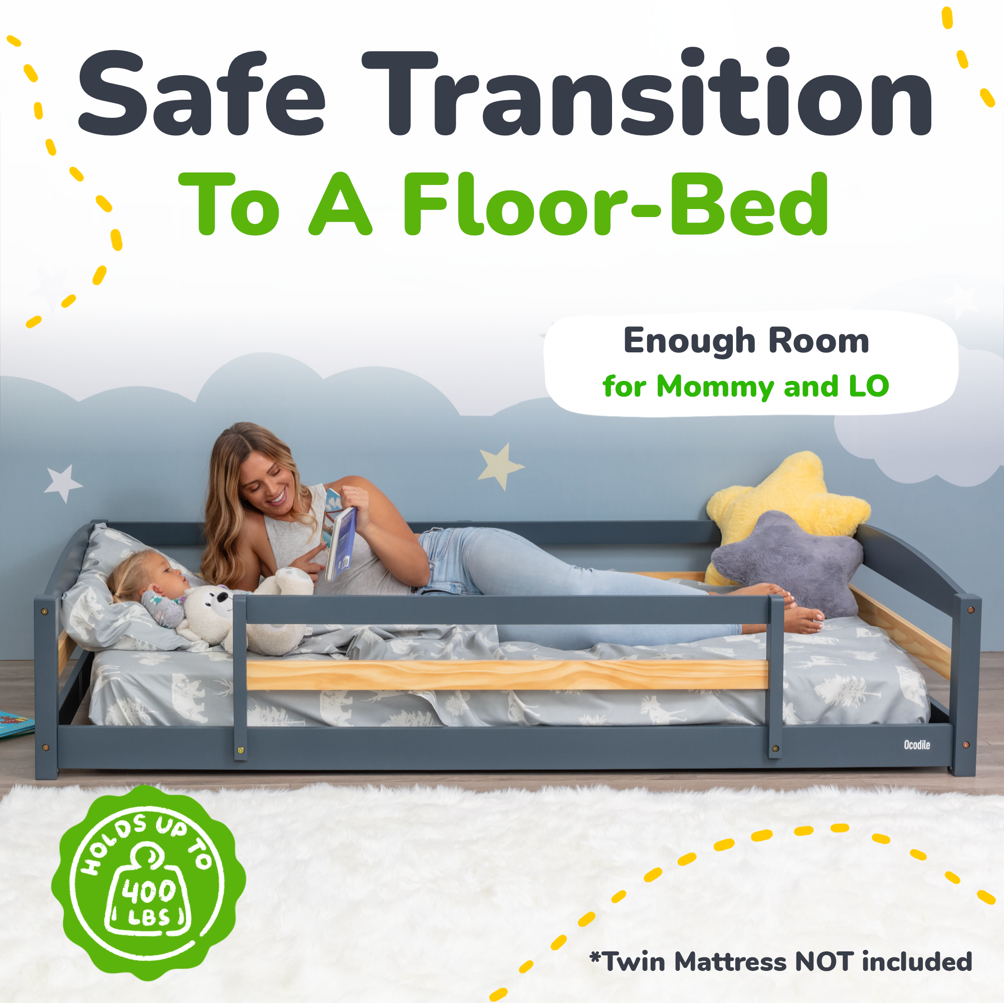 Twin Floor Bed with Safety Guardrails for Kids(Montessori Inspired)