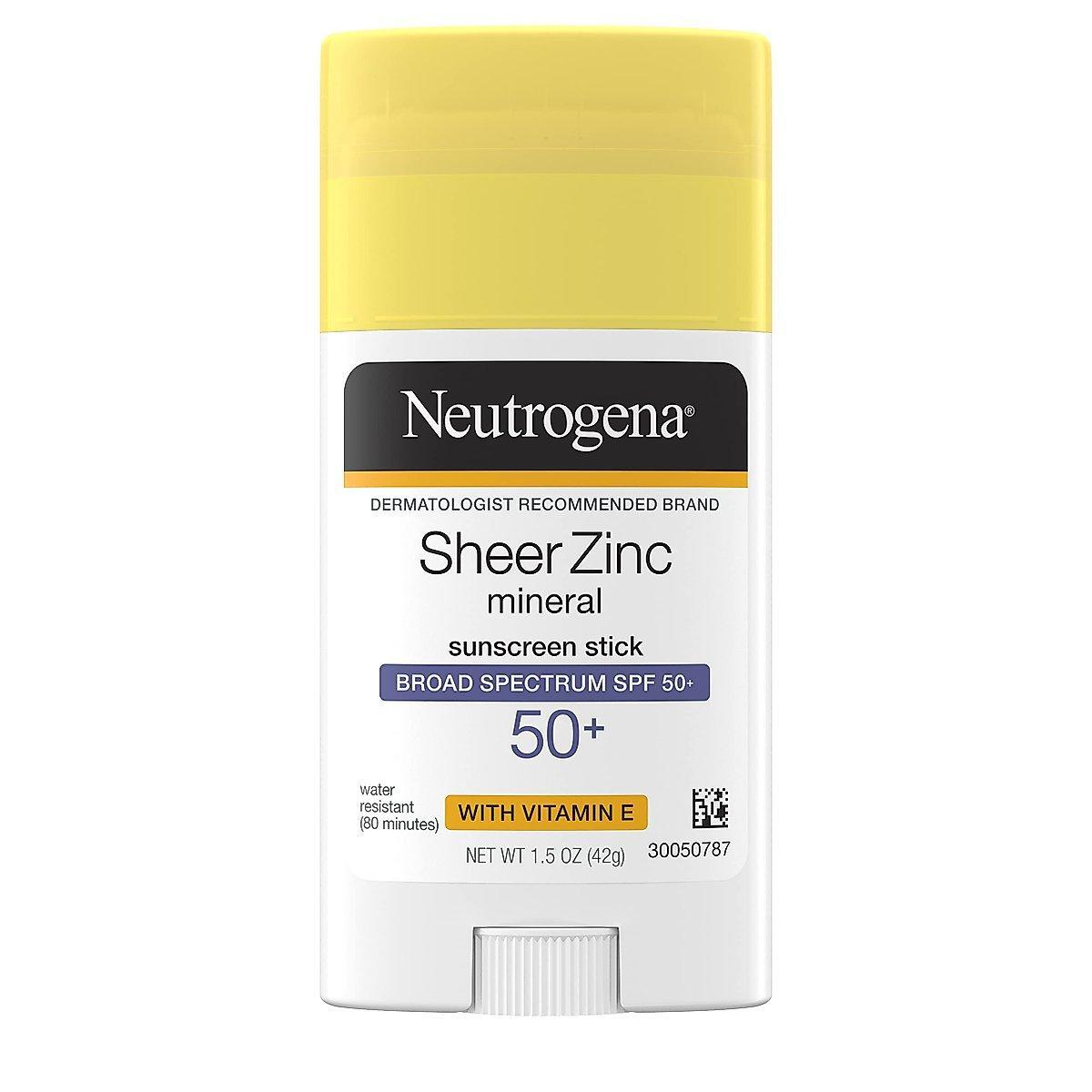 Neutrogena Sheer Zinc Oxide Mineralischer Sonnencreme-Stick mit Vitamin E, Breitspektrum LSF 50+ & UVA/UVB-Schutz, wasserfest & rückstandsfreie Anwendung, ohne Parabene/Farbstoffe, 42,5 g