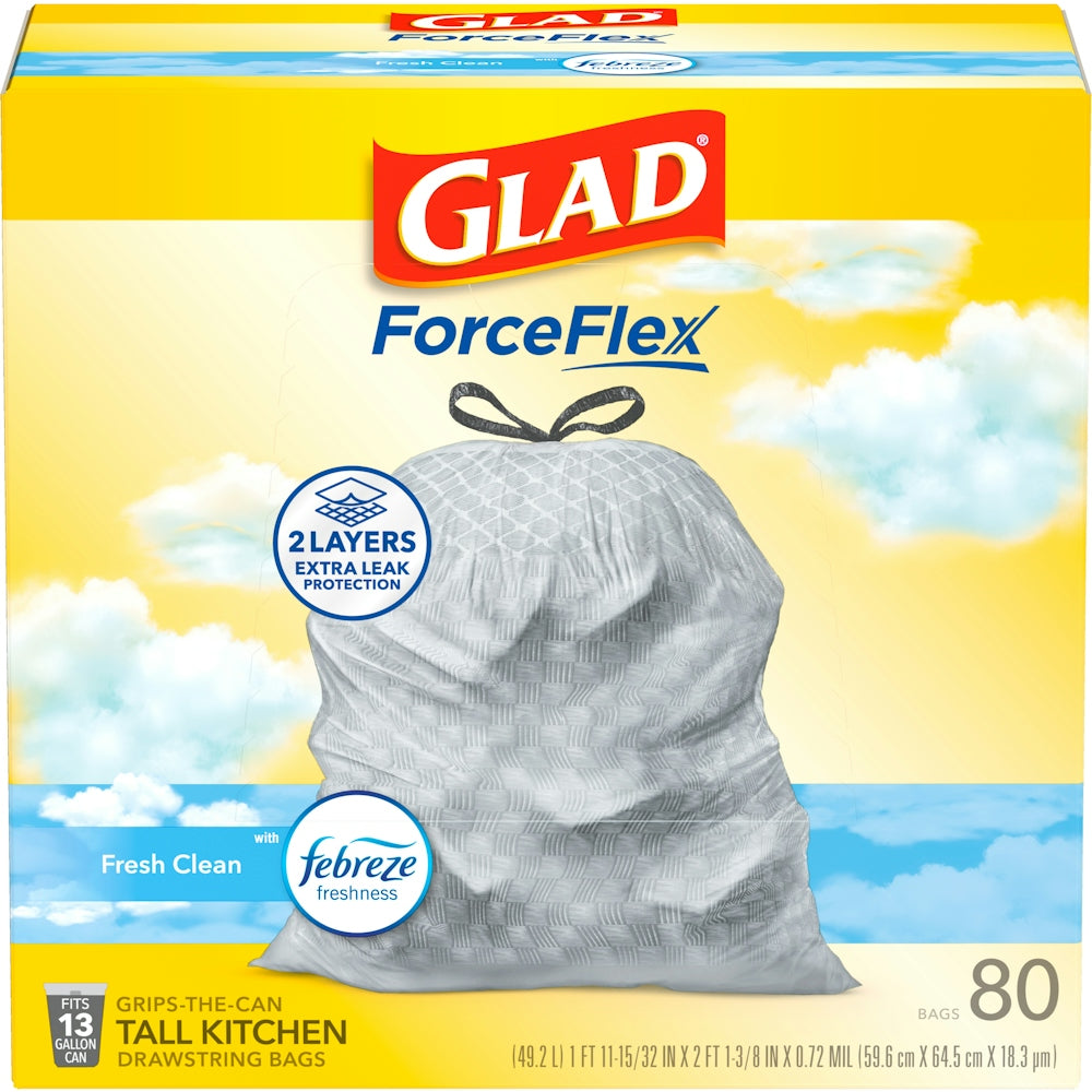 Thasë mbeturinash Glad ForceFlex me shirita lidhës, 49.2 L, aromë e freskët e pastër, 61 cm x 69.5 cm, të bardha, 80 thasë/kuti, 3 kuti/karton CLO78899