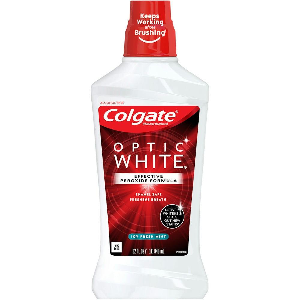 Ujë goje Colgate Optic White për zbardhim, mente e freskët - 30 Fl Oz