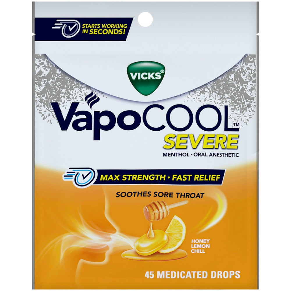 Vicks Vapo Cool Pastila të Forta Mjekësore, Mjaltë Limon i Ftohtë, 45 Pika – Zbut Dhimbjen e Fytit të Shkaktuar nga Kolla
