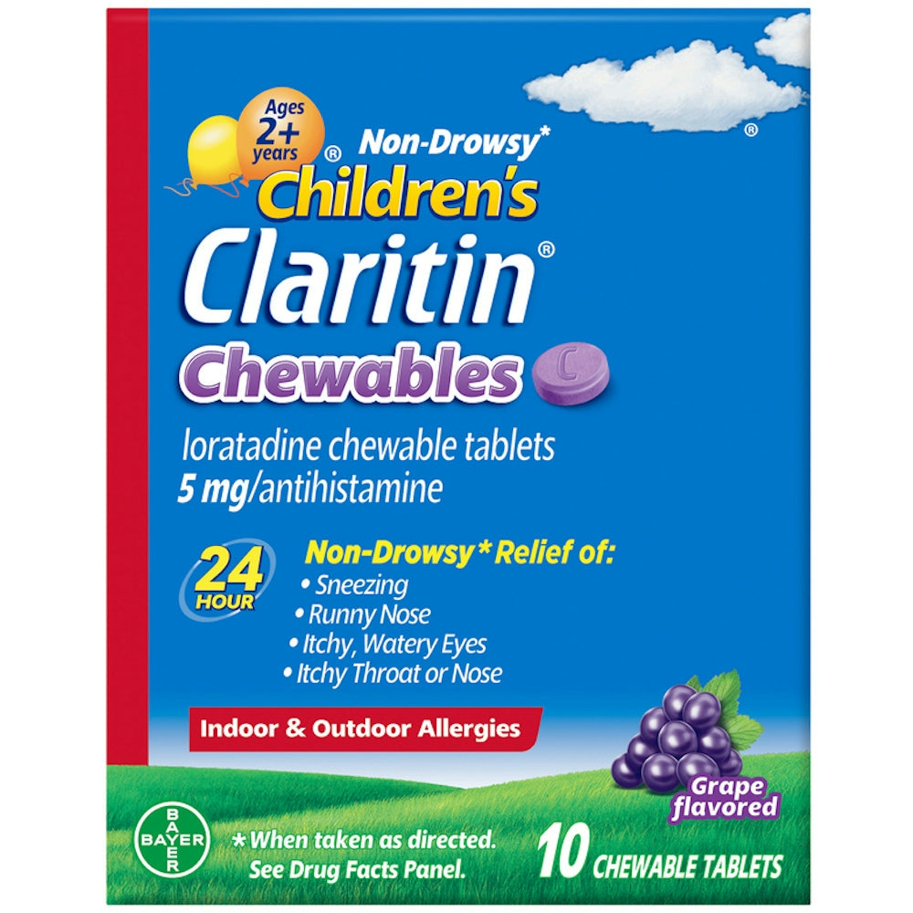 Children's Claritin 24-Stunden nicht-müdemachende Allergie-Linderung, 5mg Loratadin, Traubengeschmack, 10 Kautabletten