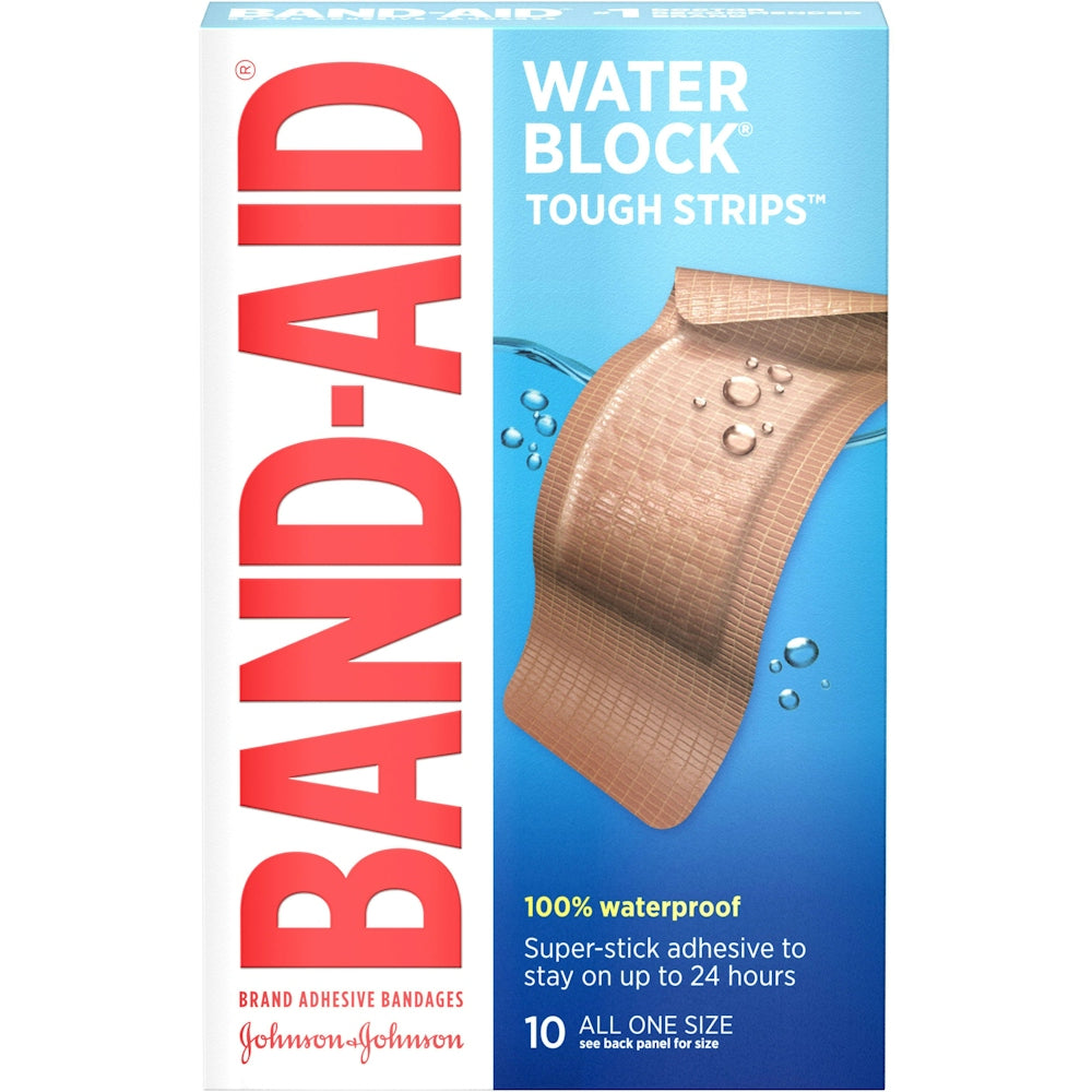 Pflaster der Marke Band-Aid Water Block, Klebstoff, Tough Strips, alles eine Größe