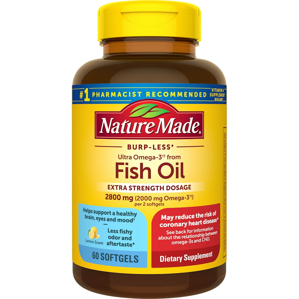 Nature Made Extra Strength Burp-Less Omega 3 Fischöl 2800 mg, Unterstützt ein gesundes Herz, Gehirn, Augen und die Stimmung, 60 Softgels