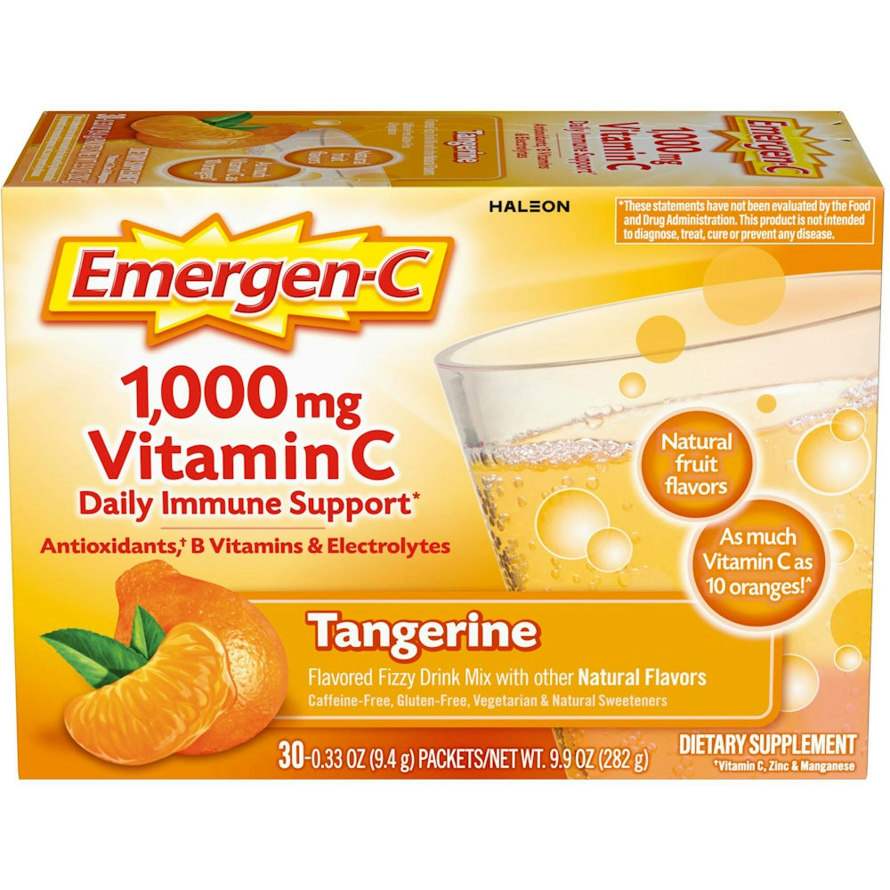 Emergen-C 30 Stück, Mandarinen-Geschmack) Nahrungsergänzungsmittel Brausegetränk-Mix mit 1000 mg Vitamin C, 9,3 g Portionsbeutel, Koffeinfrei
