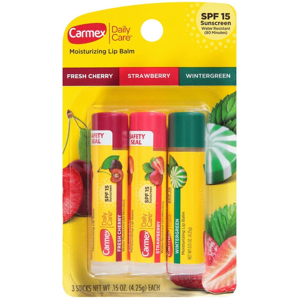 Carmex Daily Care Lippenbalsam-Stift, verschiedene Geschmacksrichtungen, 3 Stück – LSF 15 feuchtigkeitsspendender Lippenschutz