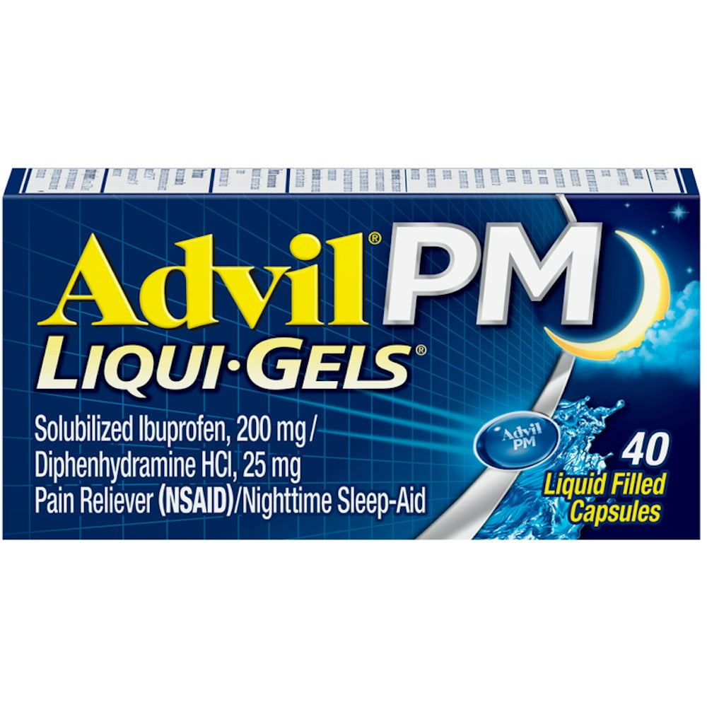 Advil PM Liqui-Gels Lehtësues Dhimbjesh/Ndihmës për Gjumë Gjatë Natës Kapsula të Mbushura me Lëng, 200mg Ibuprofen, 25mg Difenhidraminë